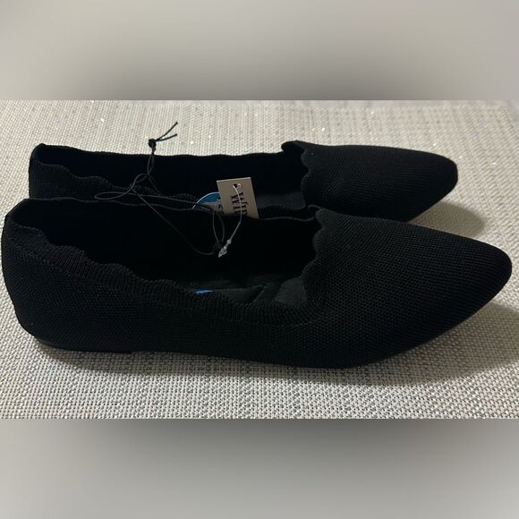 Seychelles 10W Black Solid Pointy Scalloped Squared Knit Memory Foam Flats - Picture 2 of 8